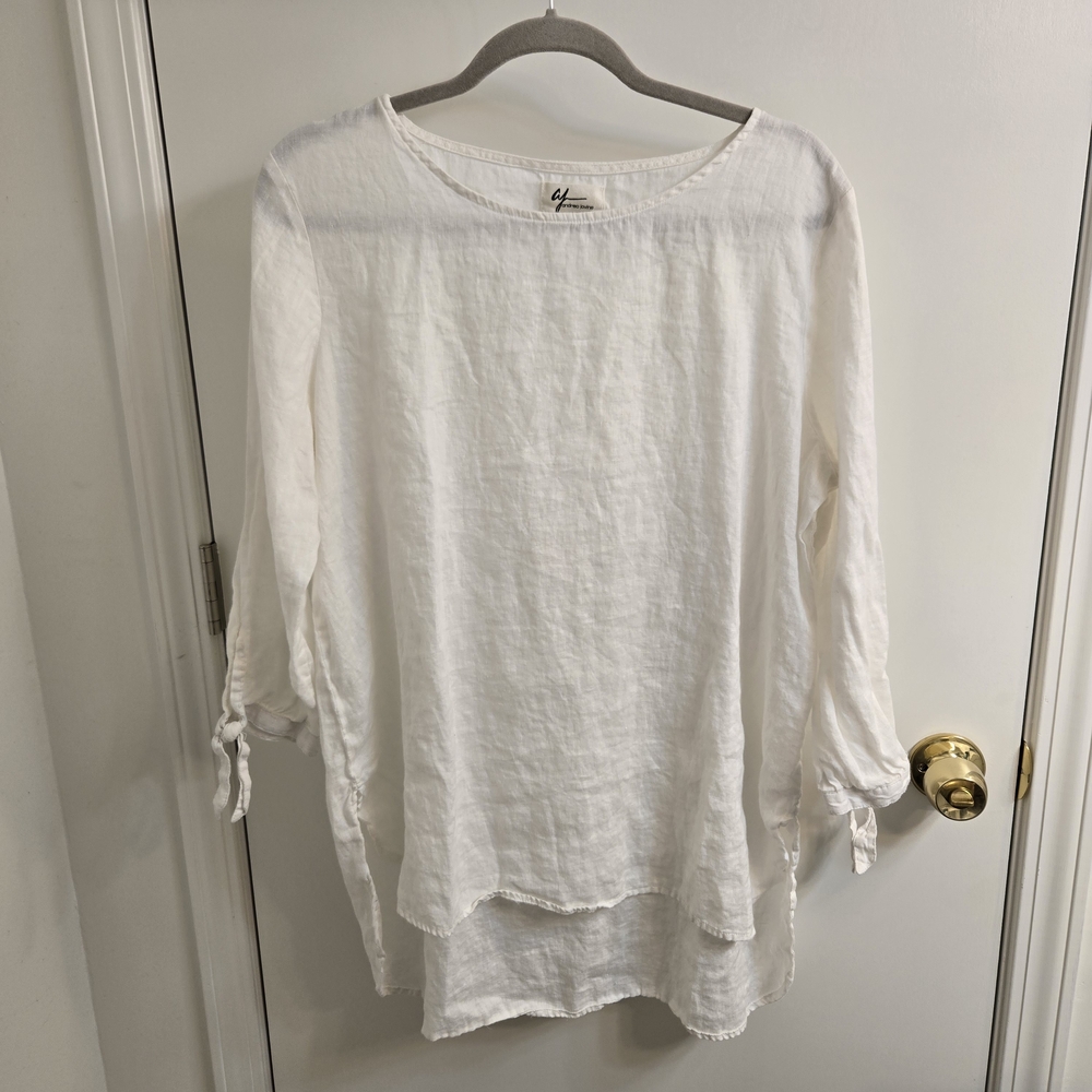 Andrea Jovine 3/4 sleeve 100% Linen Tunic Top, Tie Sleeve, White, Size XL